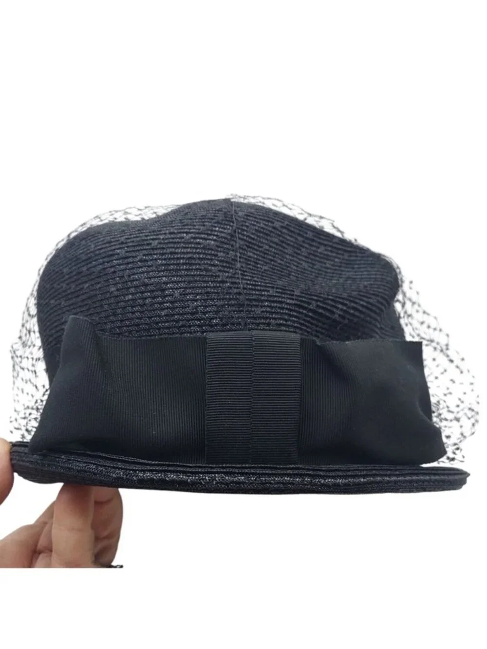 Black Cloche Hat Raffia Straw W/ Birdcage Netting & Bow Evelyn Varon Exclusive